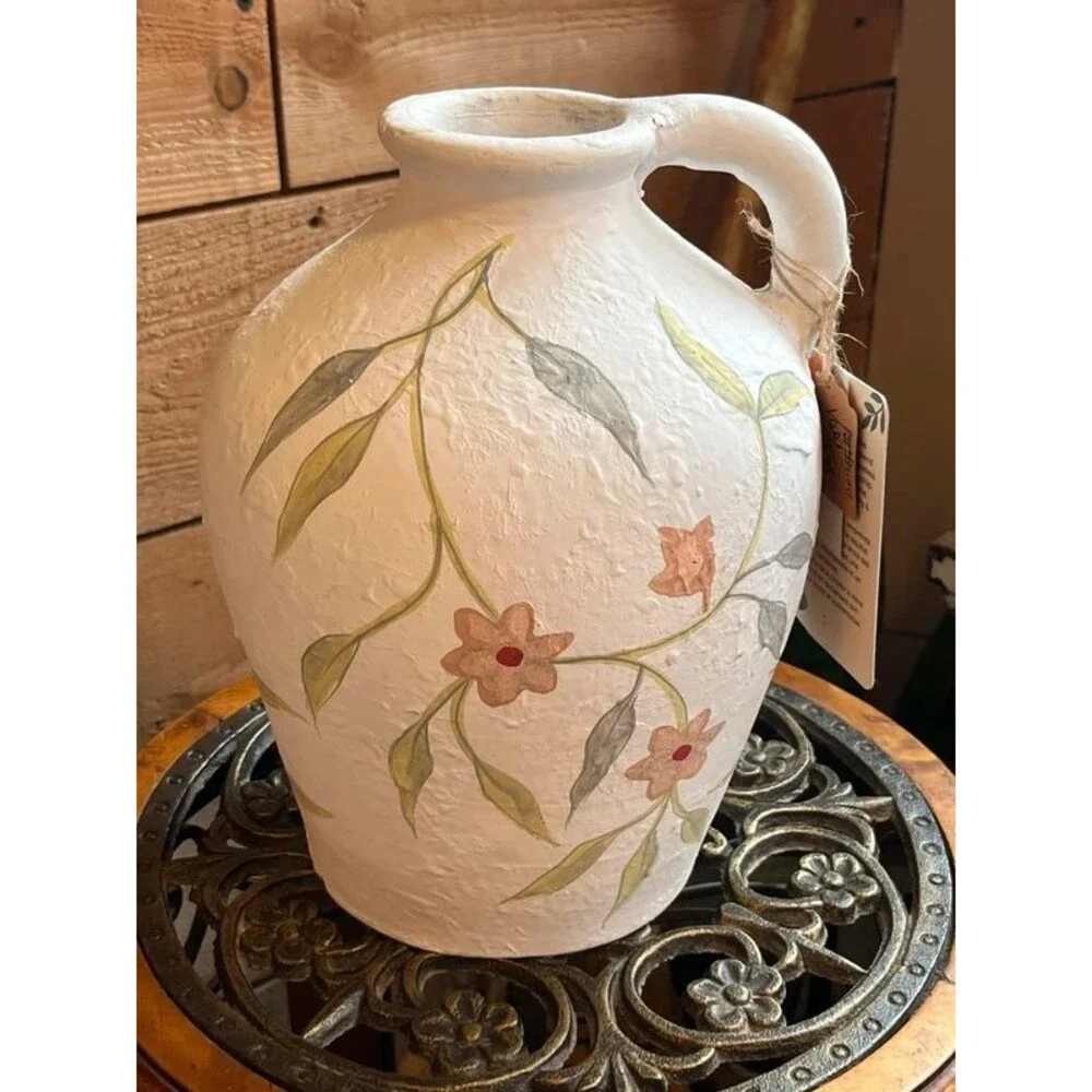 Handcrafted Terracotta Floral Jug Vase Farmhouse Cottagecore Vase | Textured